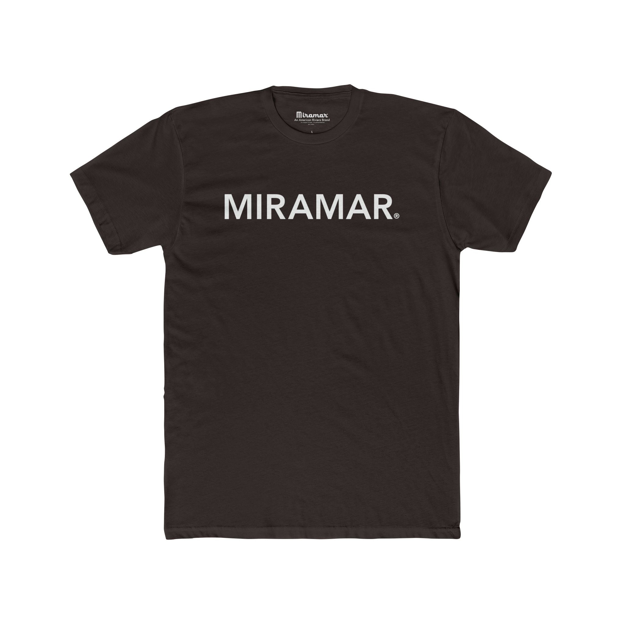 Black t-shirt with 'MIRAMAR' printed on it against a white background