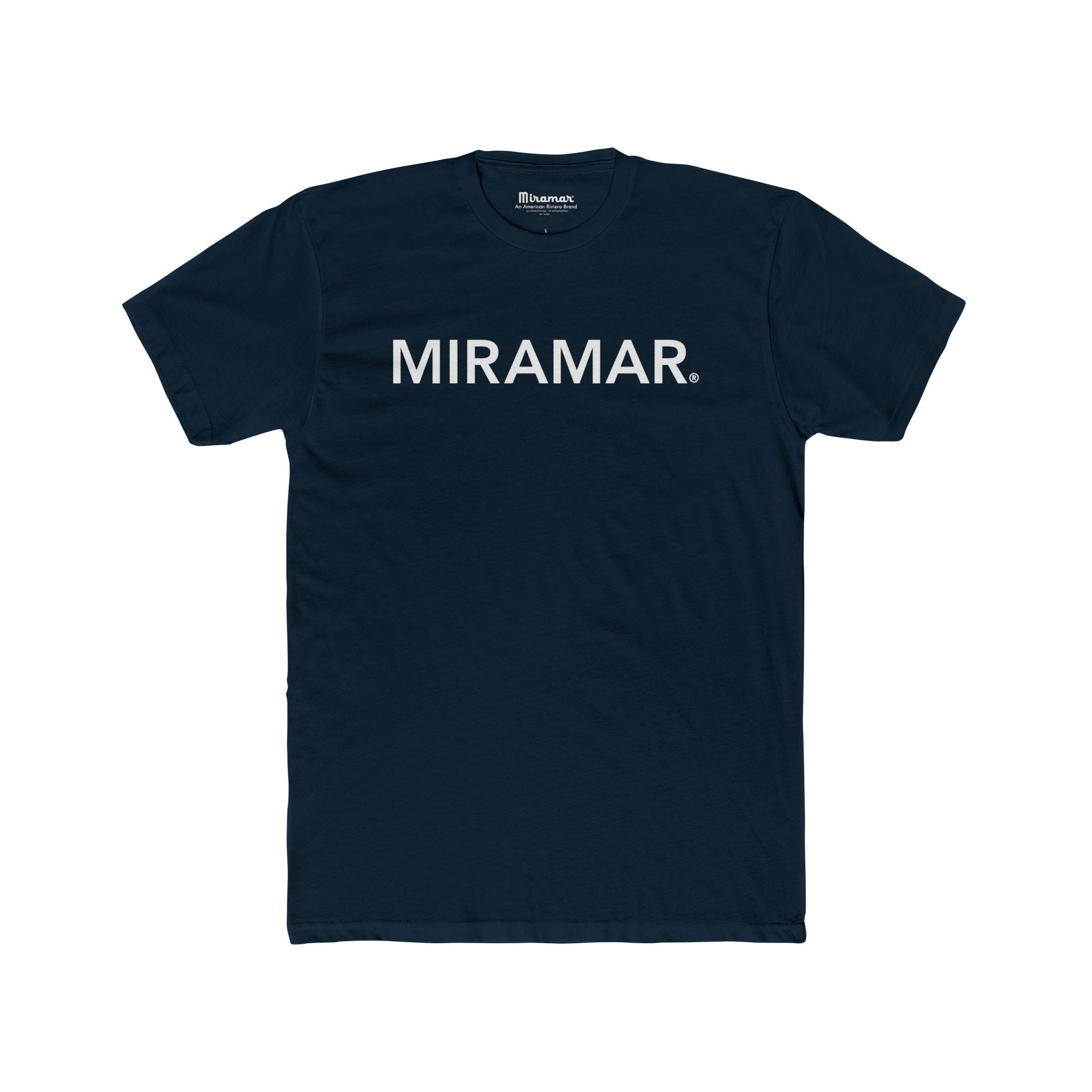 Navy blue t-shirt with 'MIRAMAR' printed on a white background