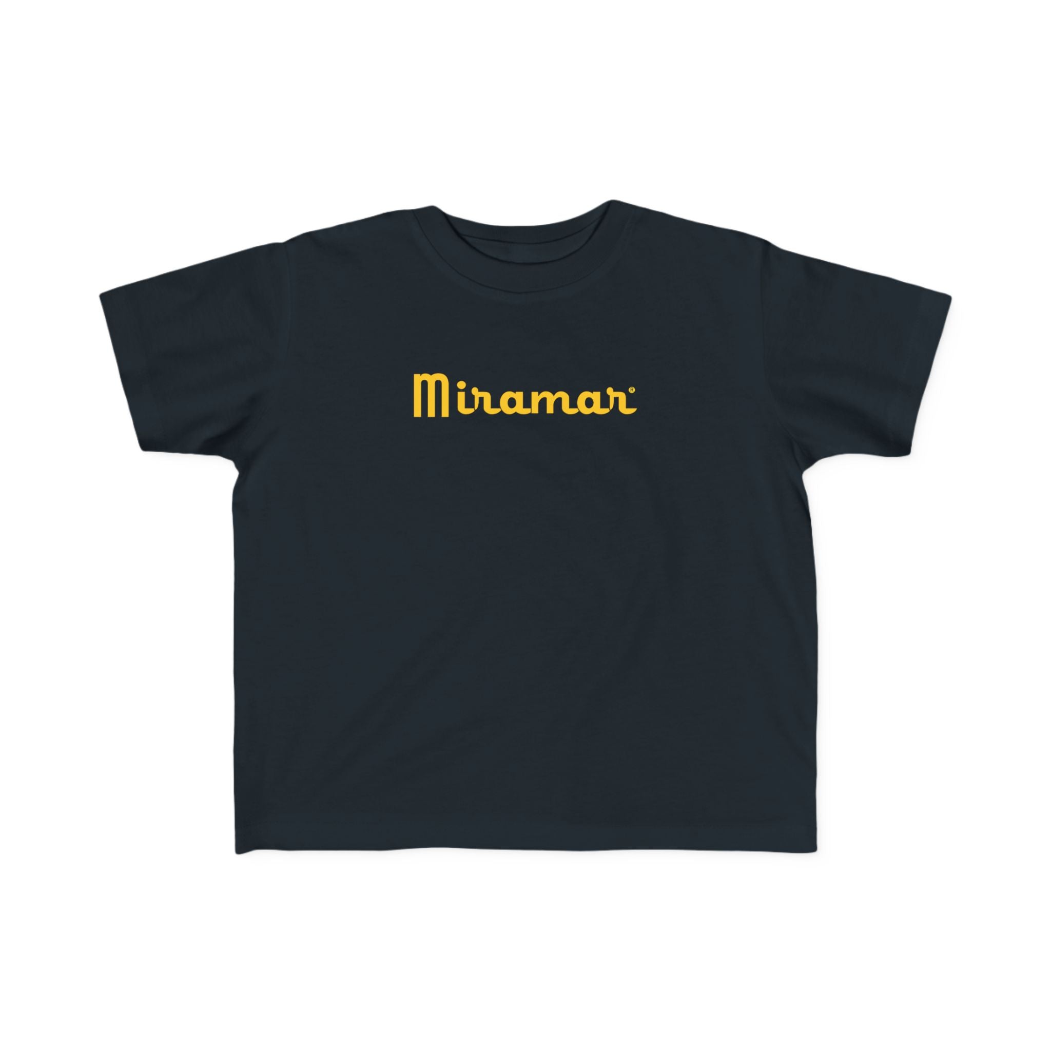 Black t-shirt with 'Miramar' logo on a white background