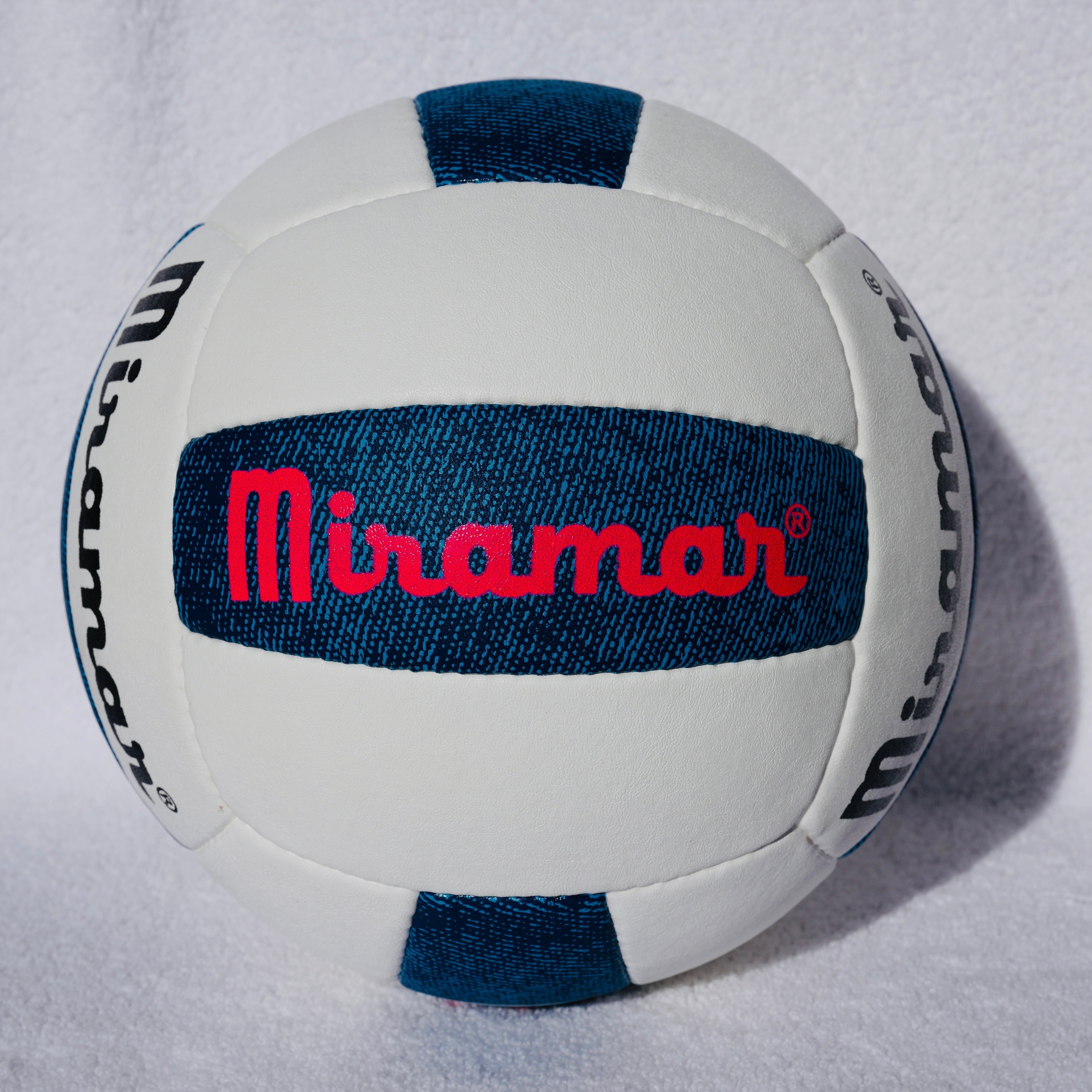 White volleyball with blue accents and 'Miramar' branding on a white background