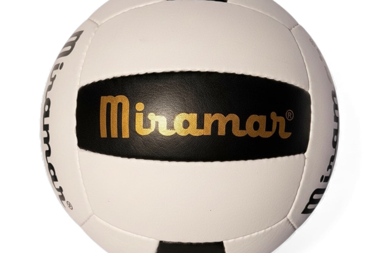 Miramar King of the Beach KOTB PRO GL genuine leather White and black beach volleyball with 'Miramar' branding on a white background