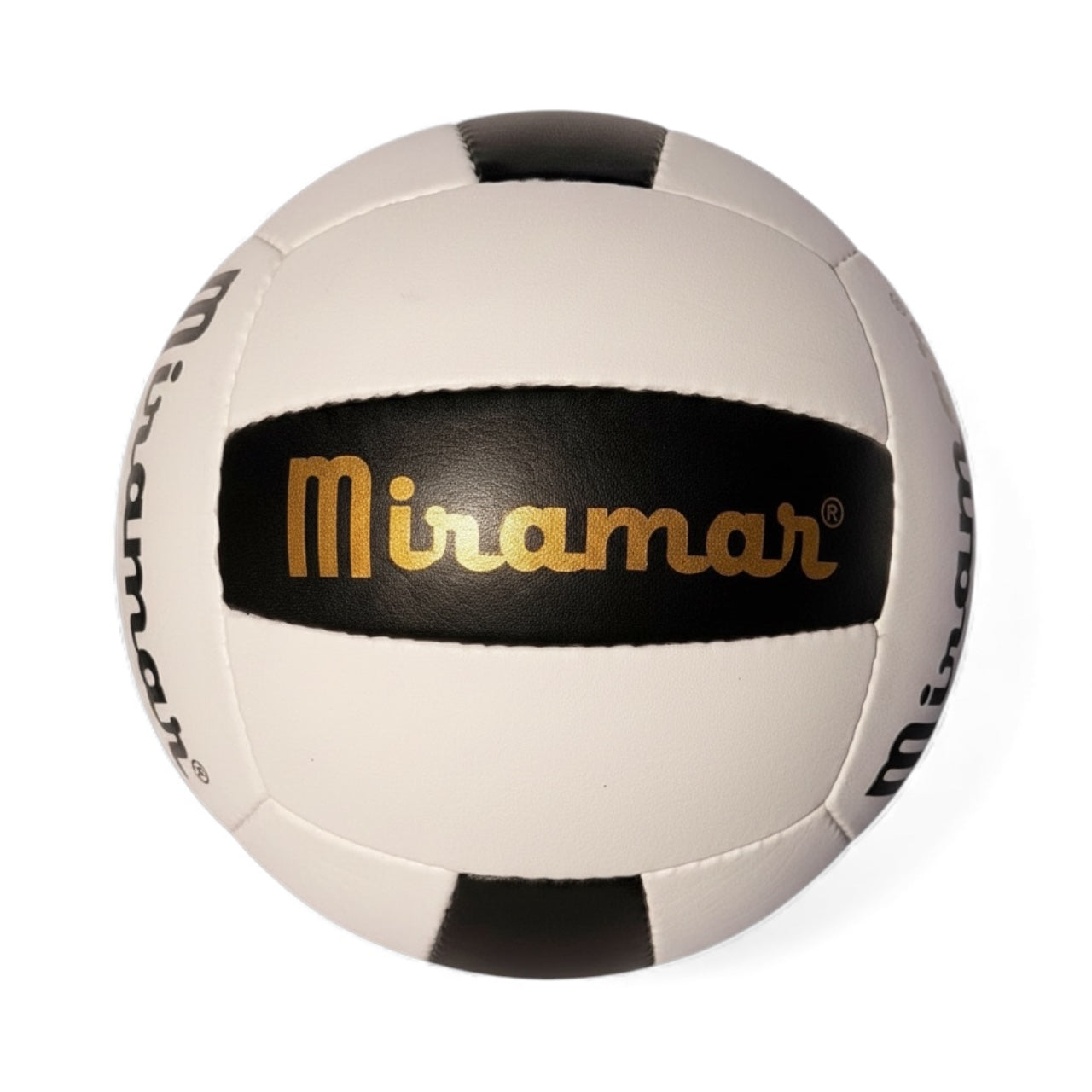 Miramar King of the Beach KOTB PRO GL genuine leather White and black beach volleyball with 'Miramar' branding on a white background