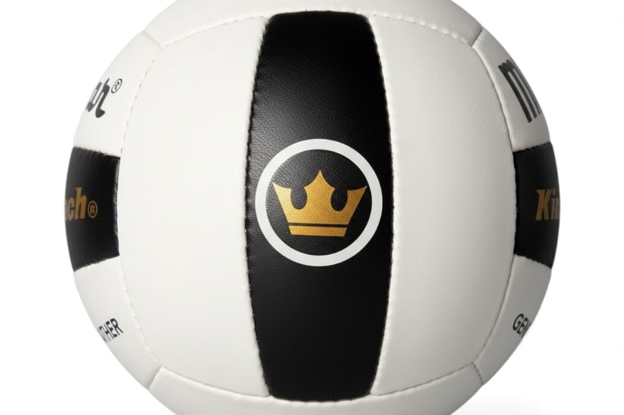 Miramar King of the Beach White and black volleyball with Crown logo on a white background