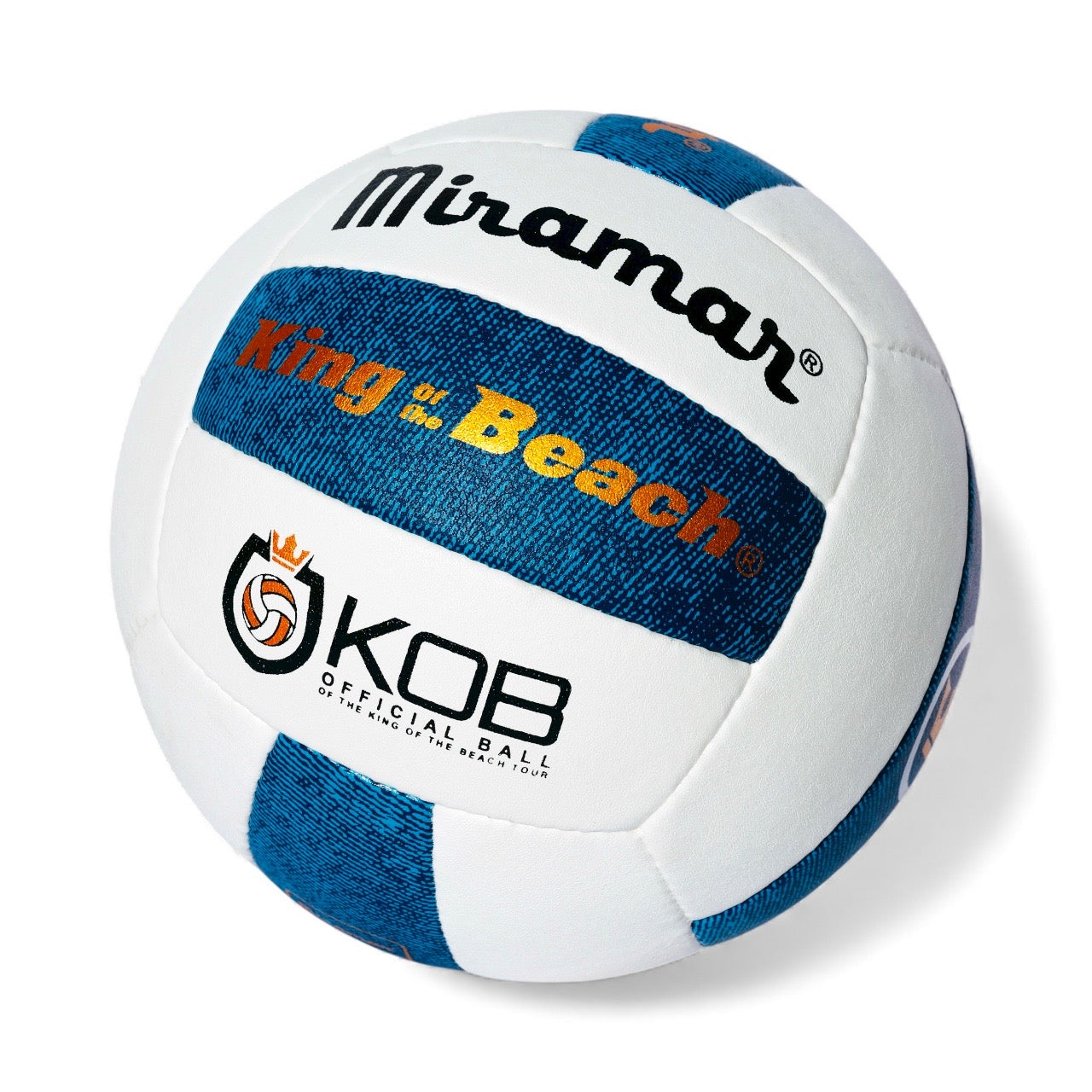 White and blue volleyball with Miramar, King of the Beach, and KOB branding on a white background
