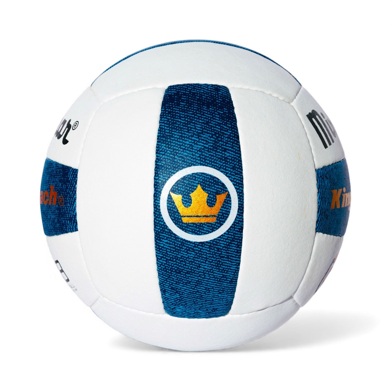 White and blue sports ball with a logo on a white background