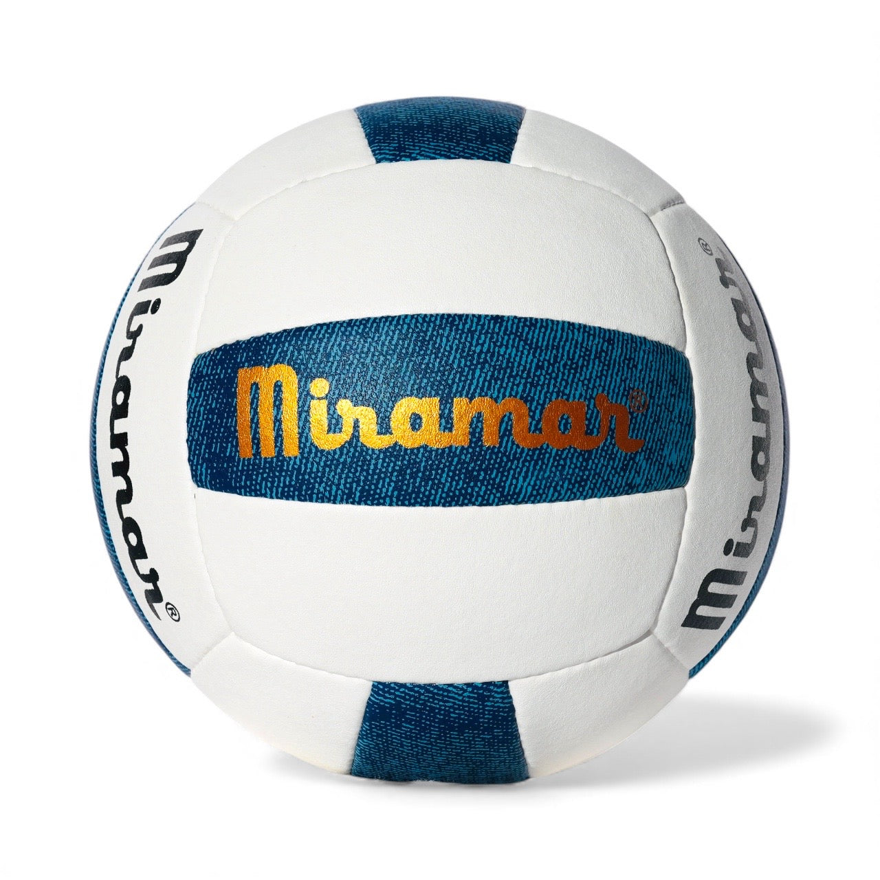 White volleyball with blue accents and 'Miramar' branding on a white background
