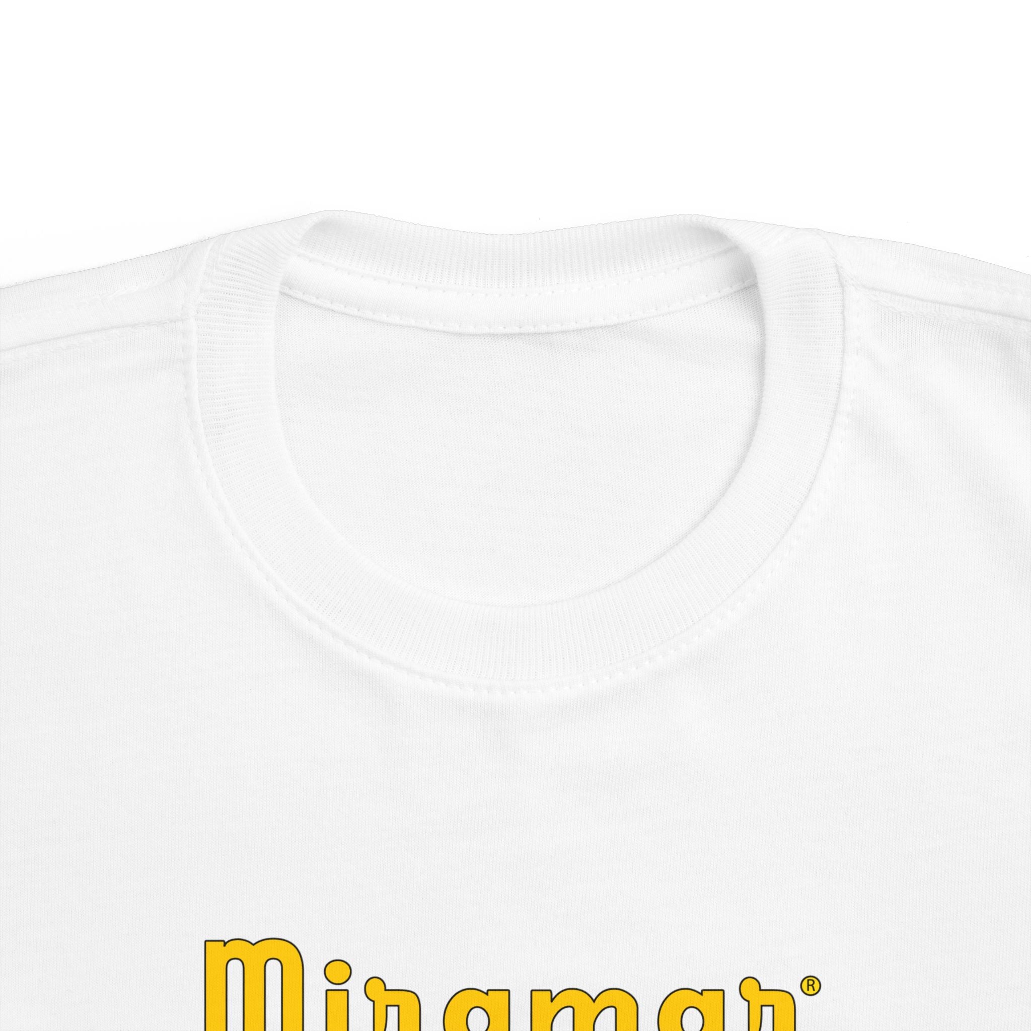 White t-shirt with yellow 'Miramar' logo on a white background