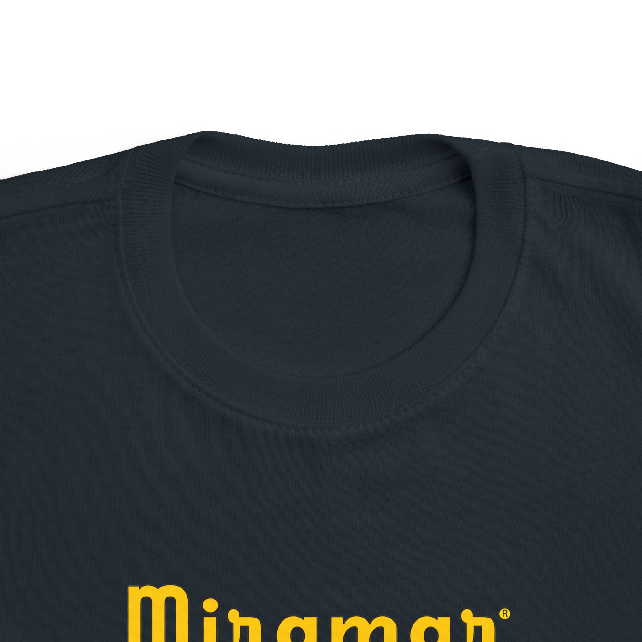 Black t-shirt with yellow 'Minuman' text on a white background