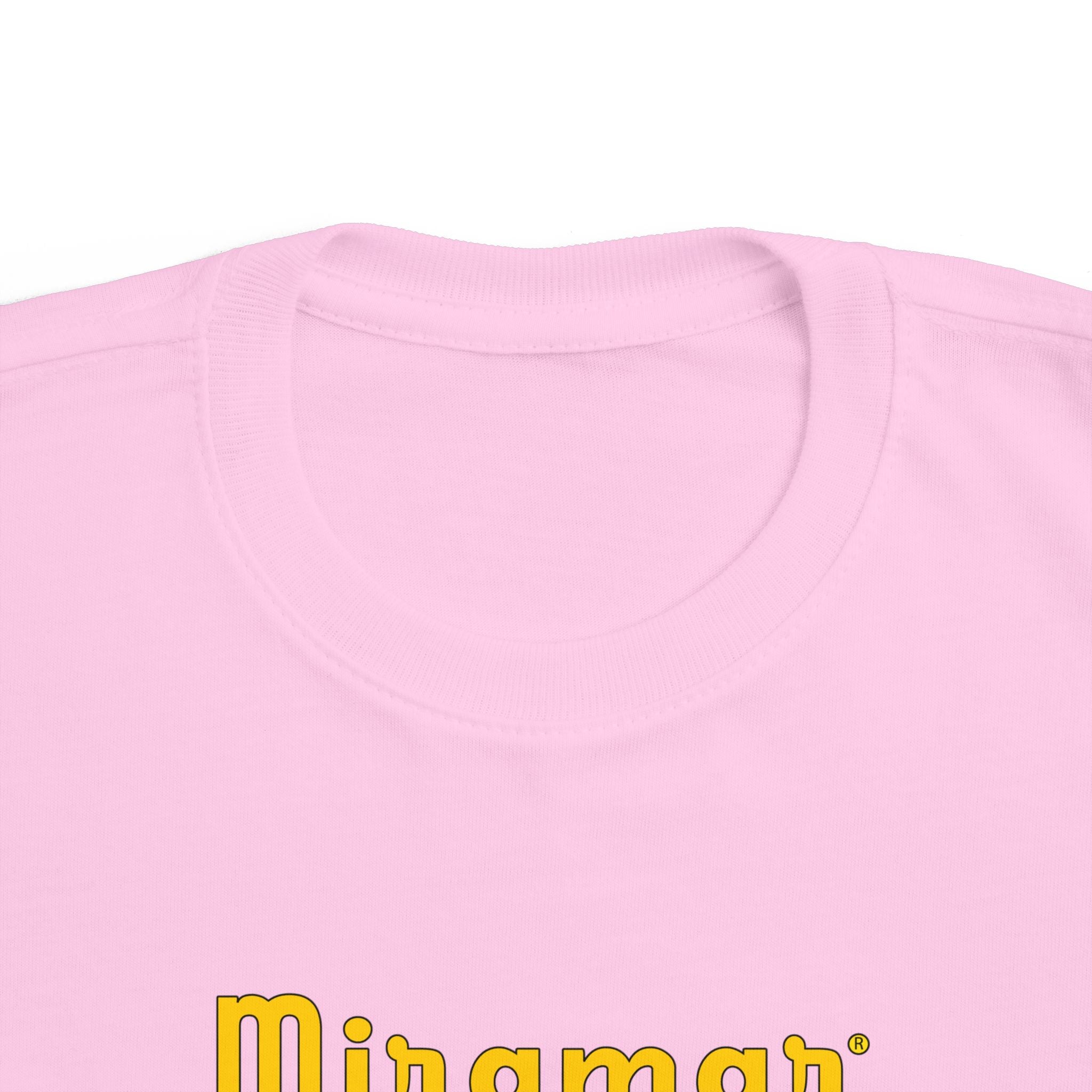 Pink shirt with yellow 'Miramar' logo on a white background