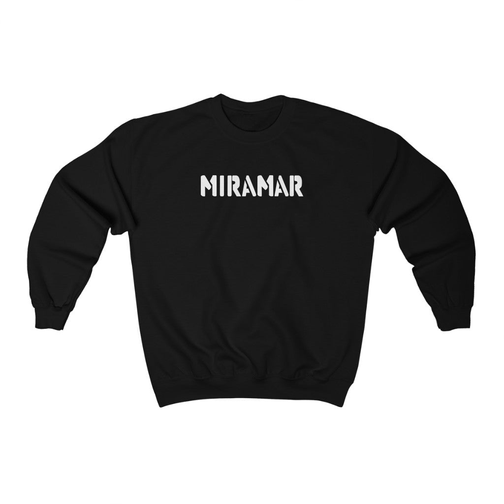 A black unisex crewneck fleece sweatshirt with the Miramar brand logo printed in white text on the front.