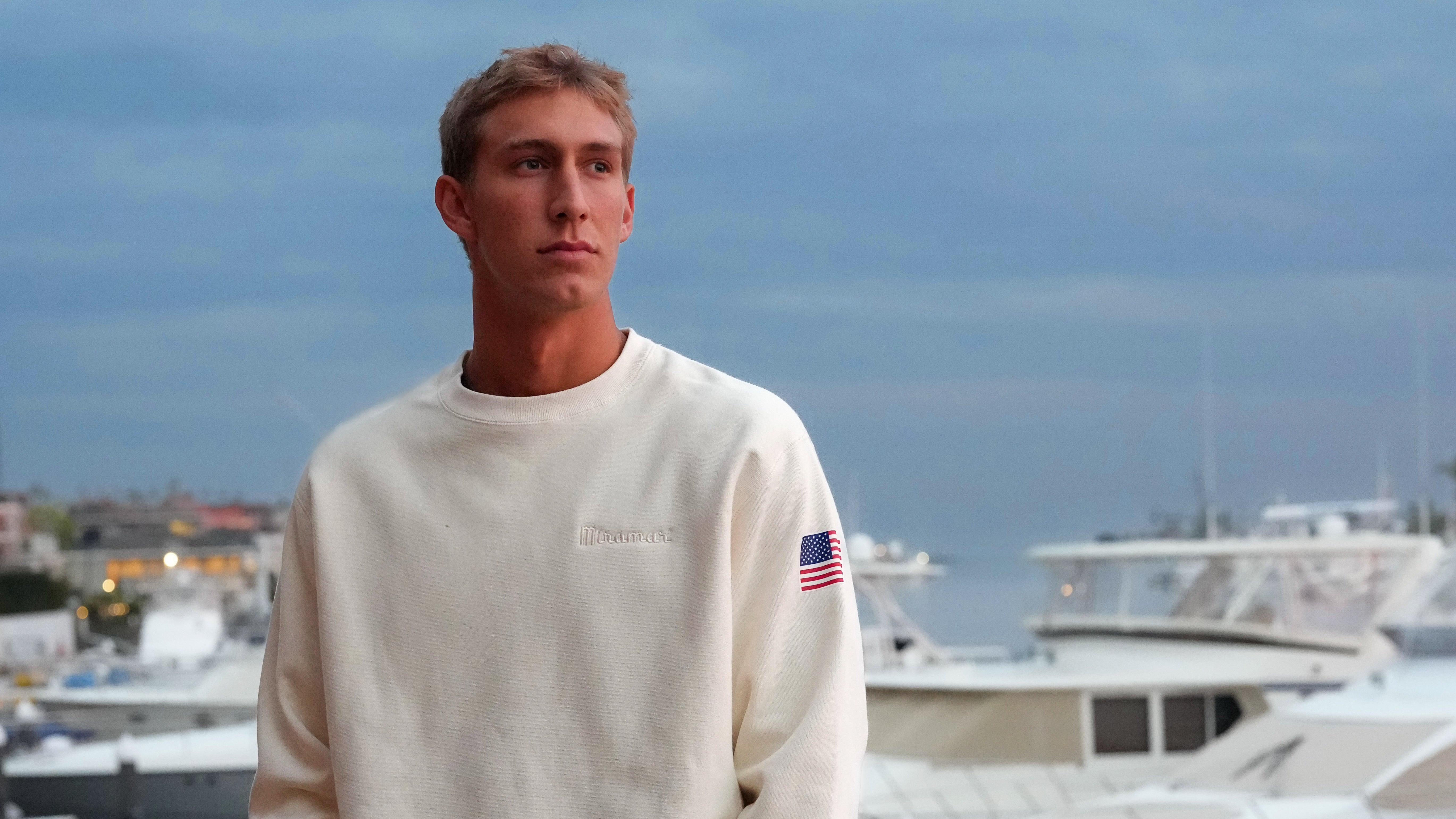 The Miramar® King of the Snow® Reverse Weave Seatshirt Sweater on Miramar® Professional Athlete Derek Bradford