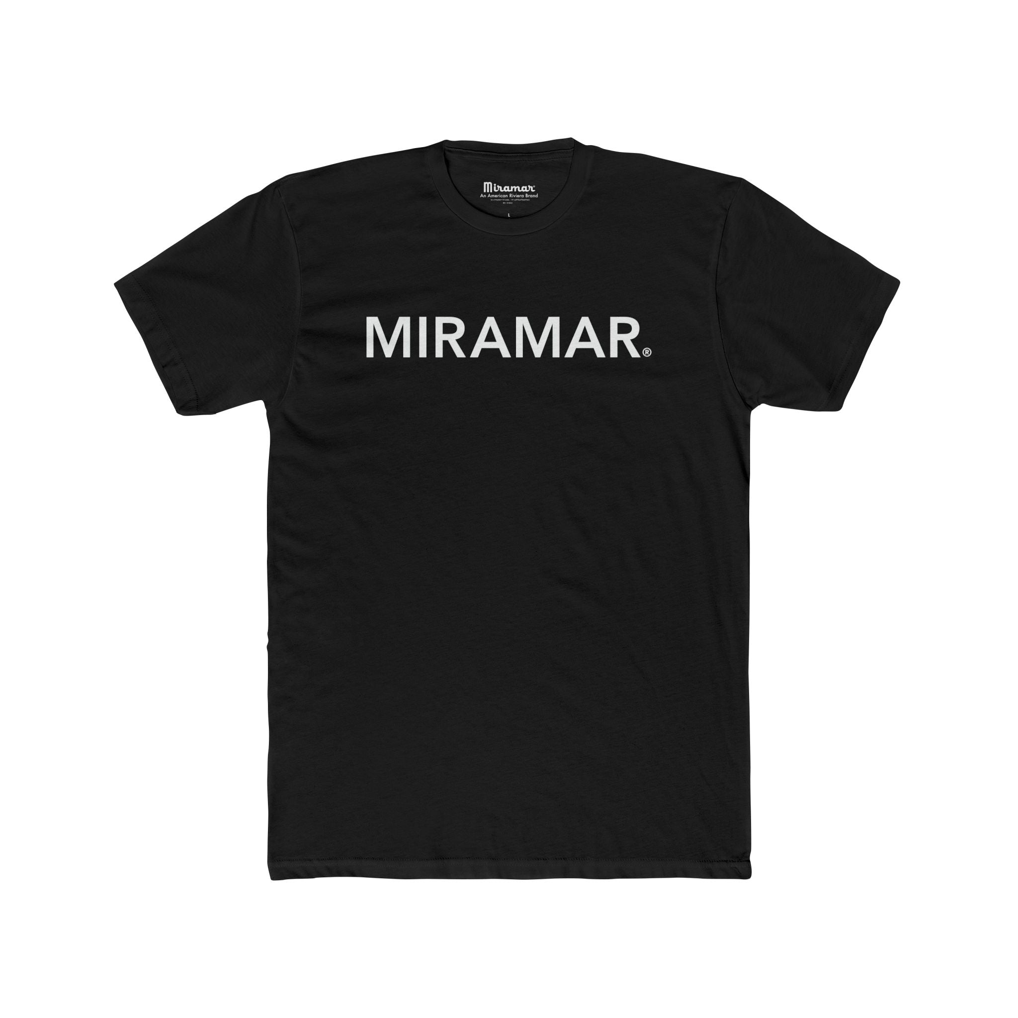 Black t-shirt with 'MIRAMAR' printed on a white background