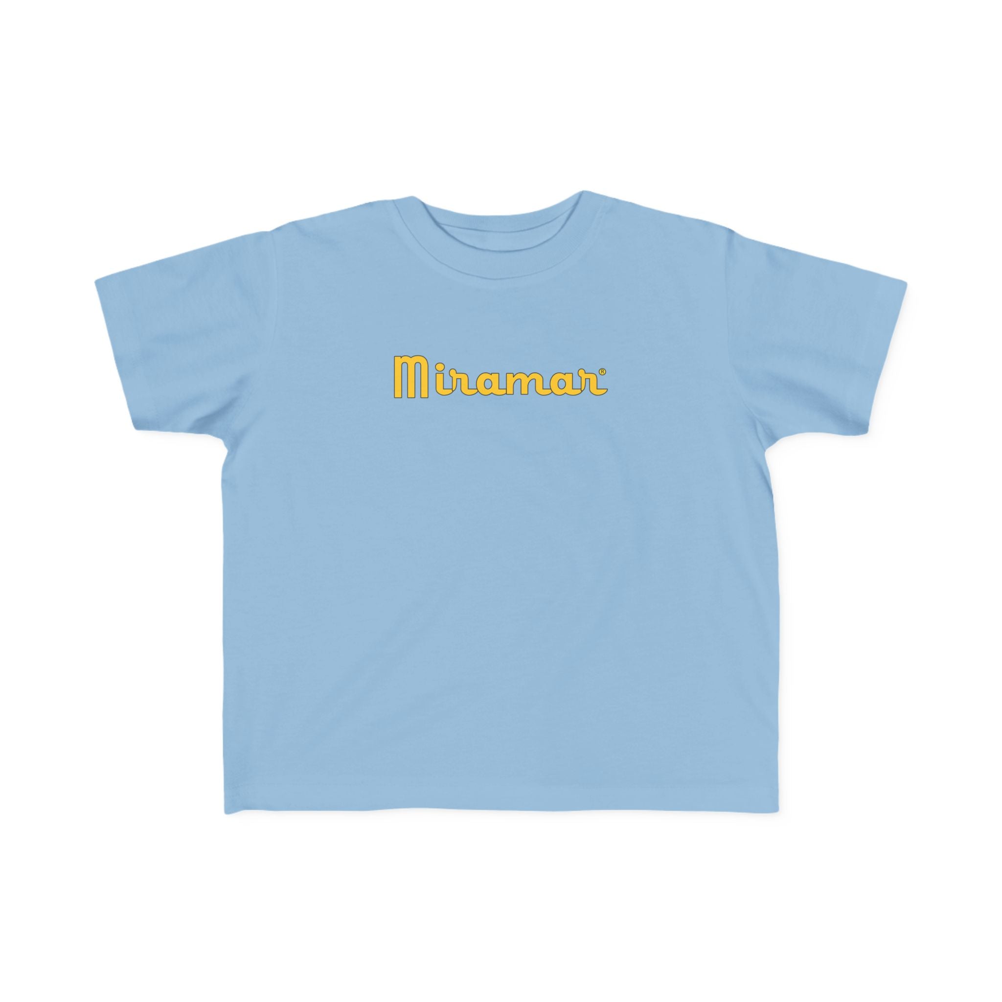 Light blue t-shirt with 'Miramar' printed in yellow on a white background