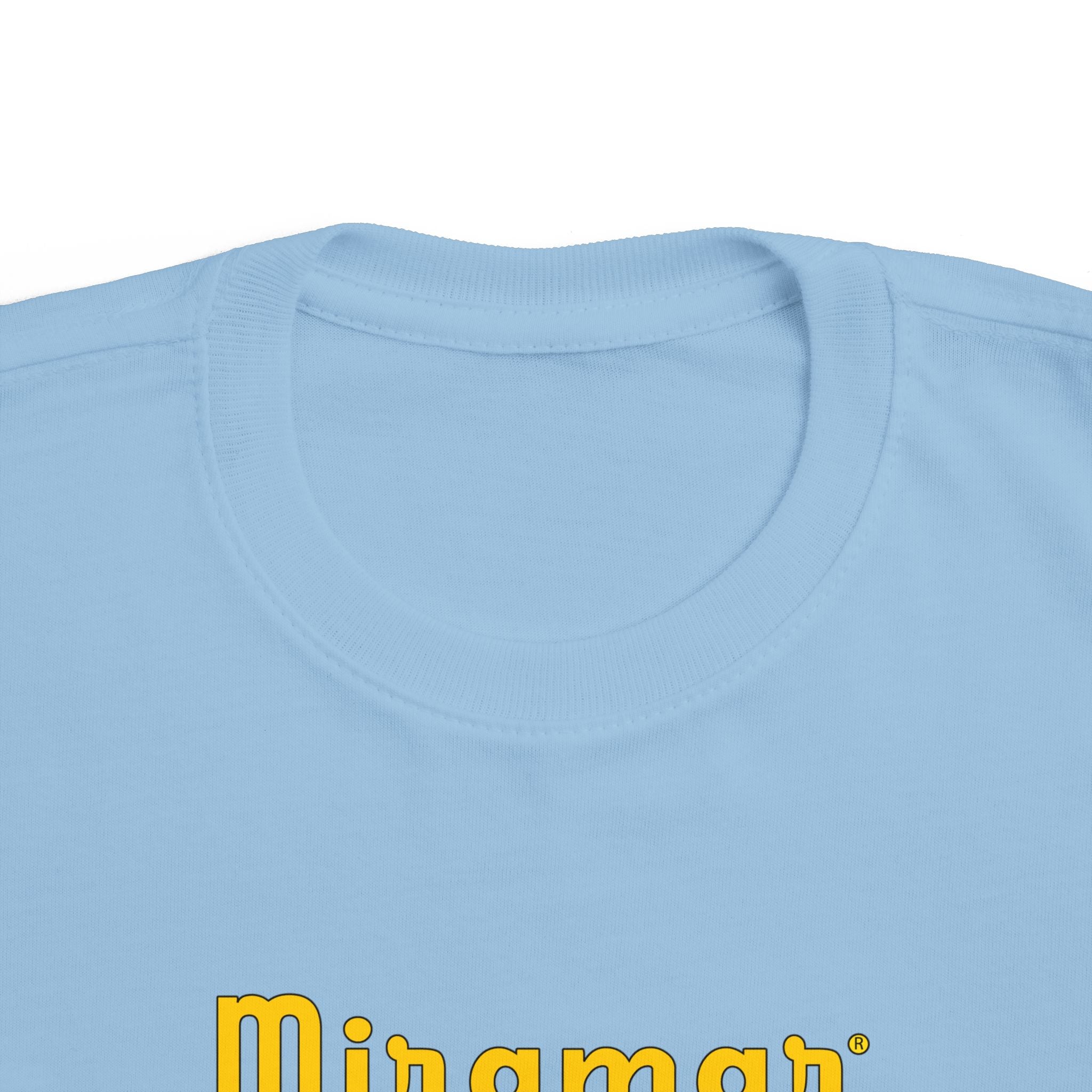 Light blue t-shirt with yellow 'Miramar' logo on a white background