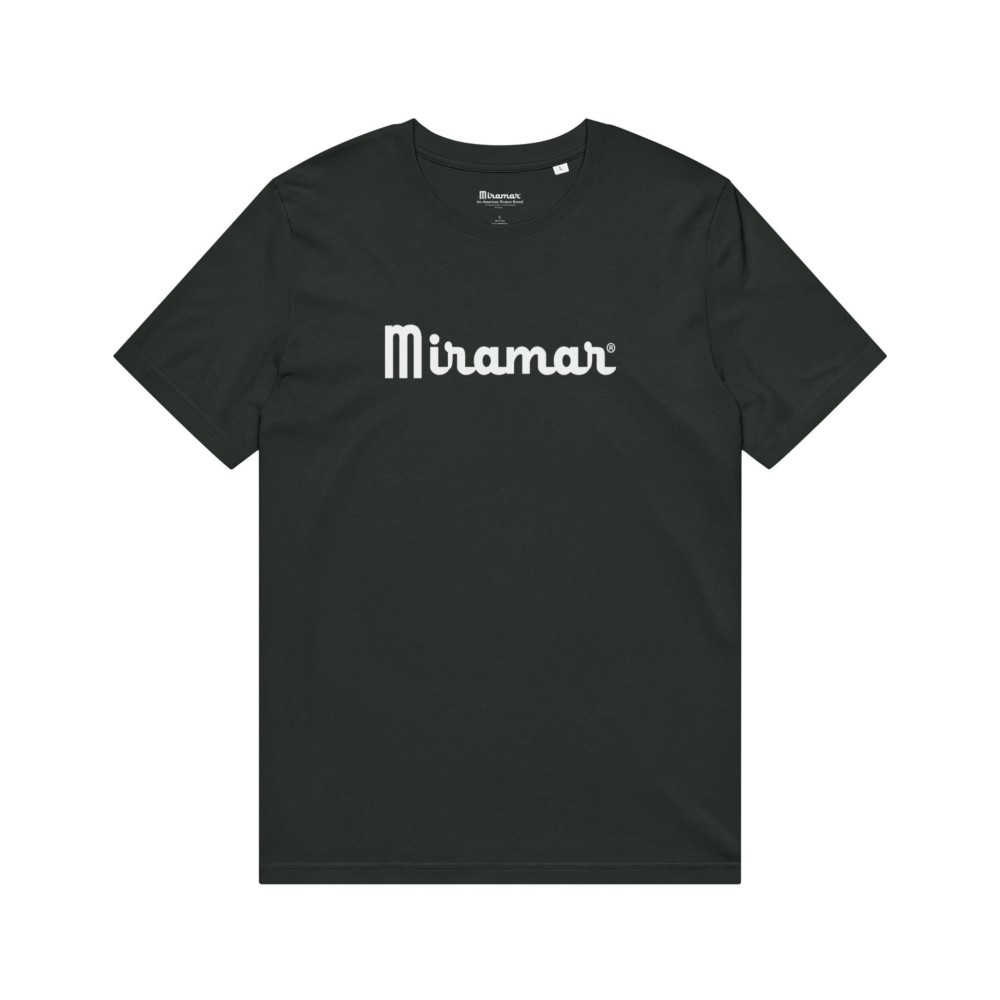 Black Miramar® 1548 )original Script logo t-shirt, front view on a white background
