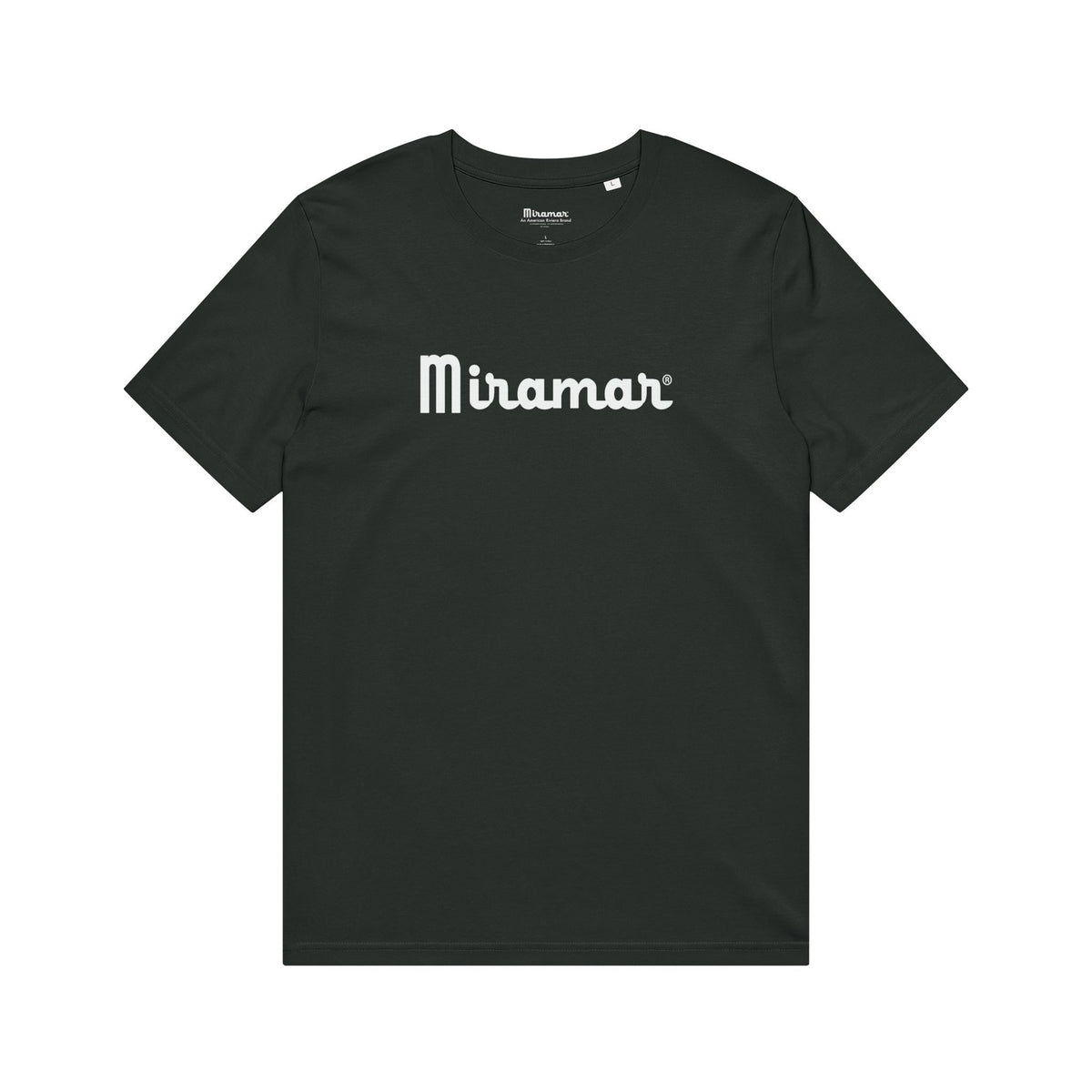 Black Miramar® 1548 )original Script logo t-shirt, front view on a white background