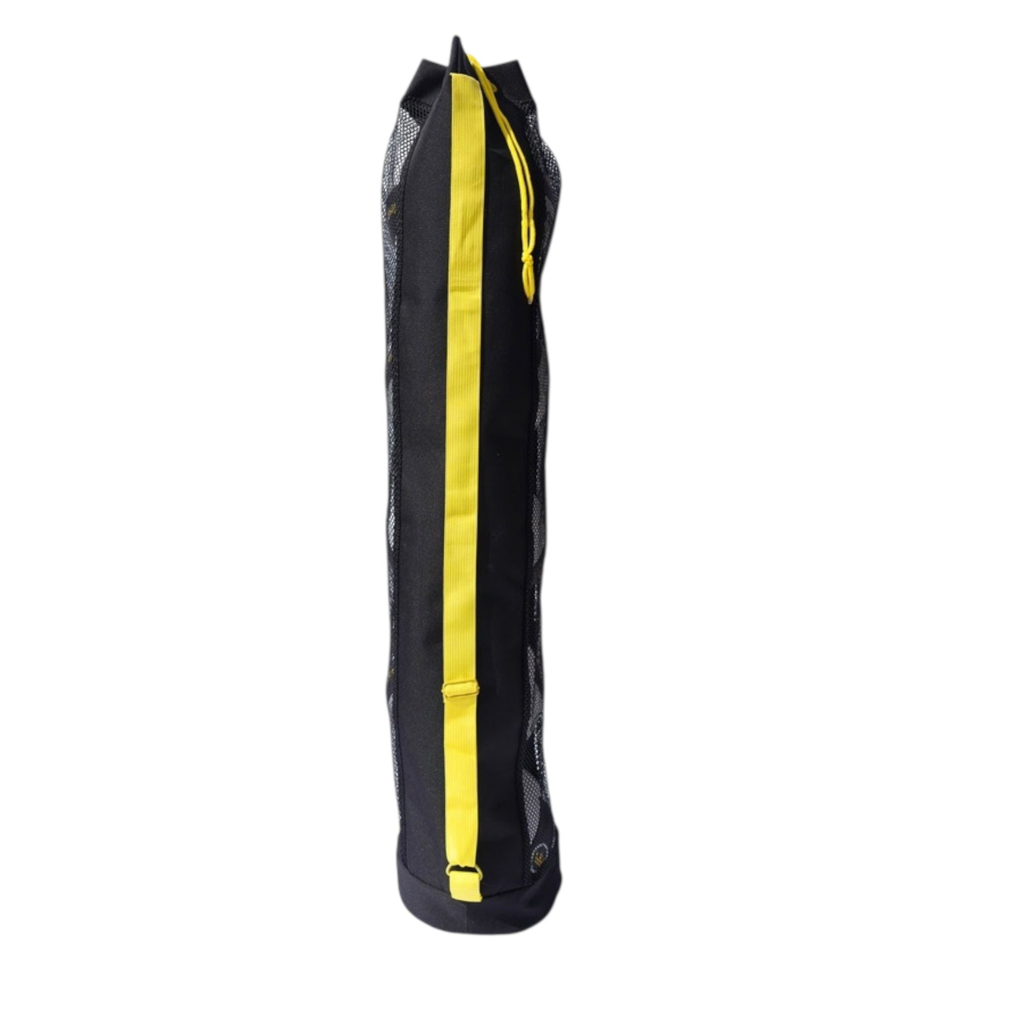 Black Miramar® barrell volleyball bag with yellow gold logo and drawstring closure with yellow gold handle