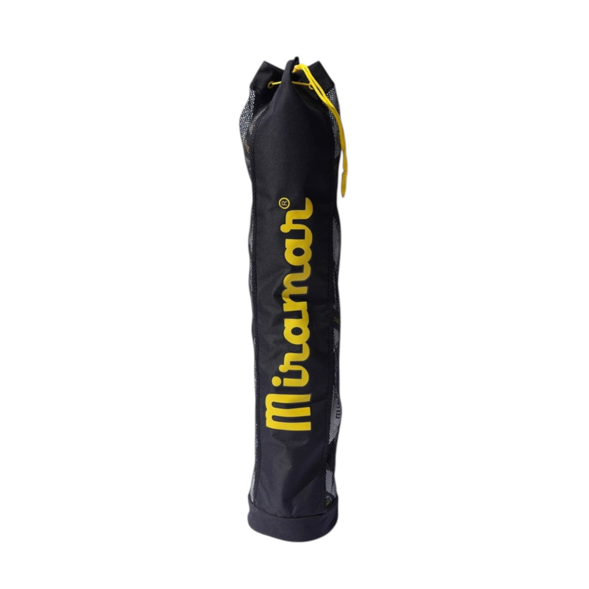 Black Miramar® barrell volleyball bag with yellow gold logo and drawstring closure