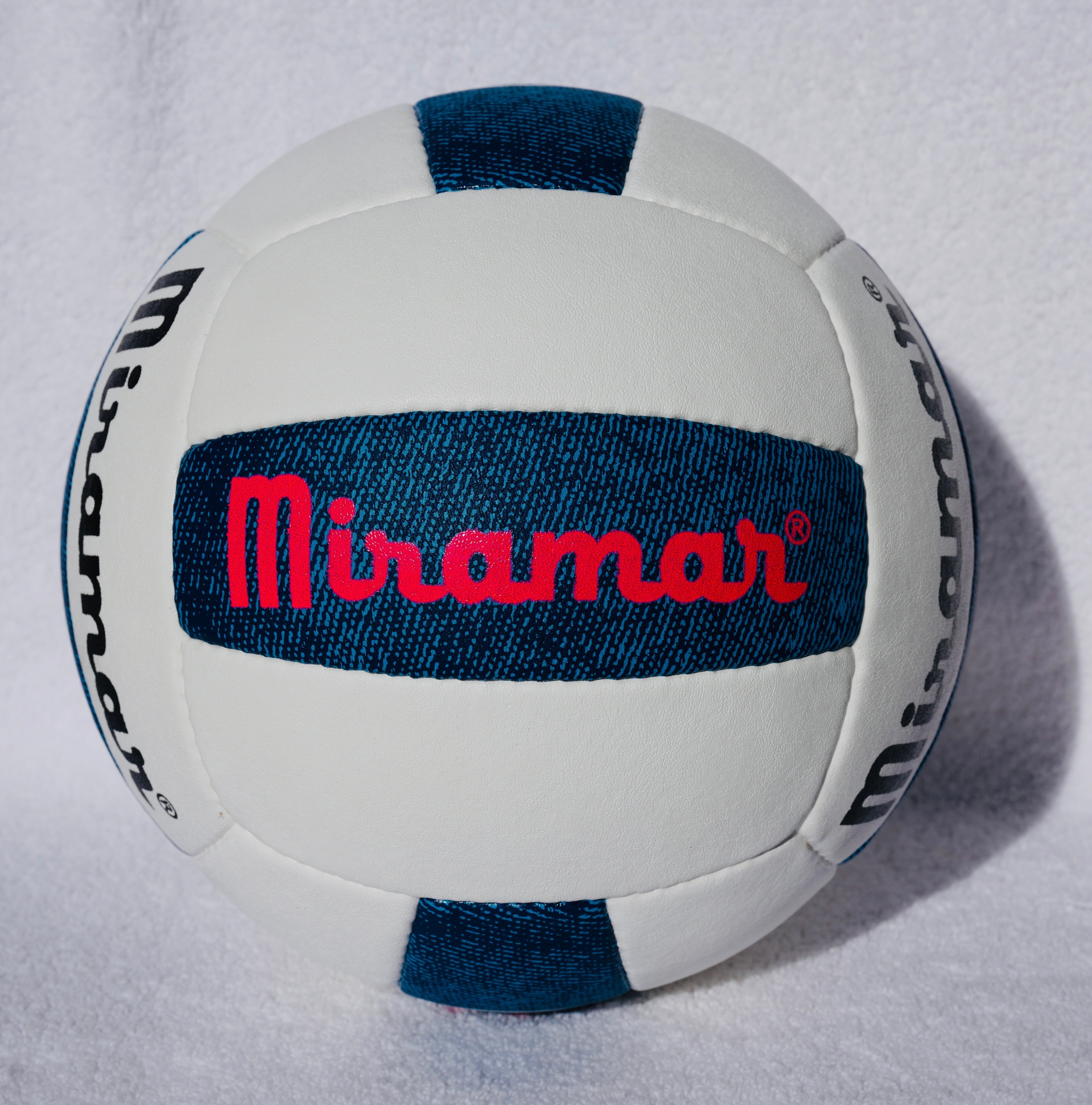 White volleyball with blue accents and 'Miramar' branding on a white background