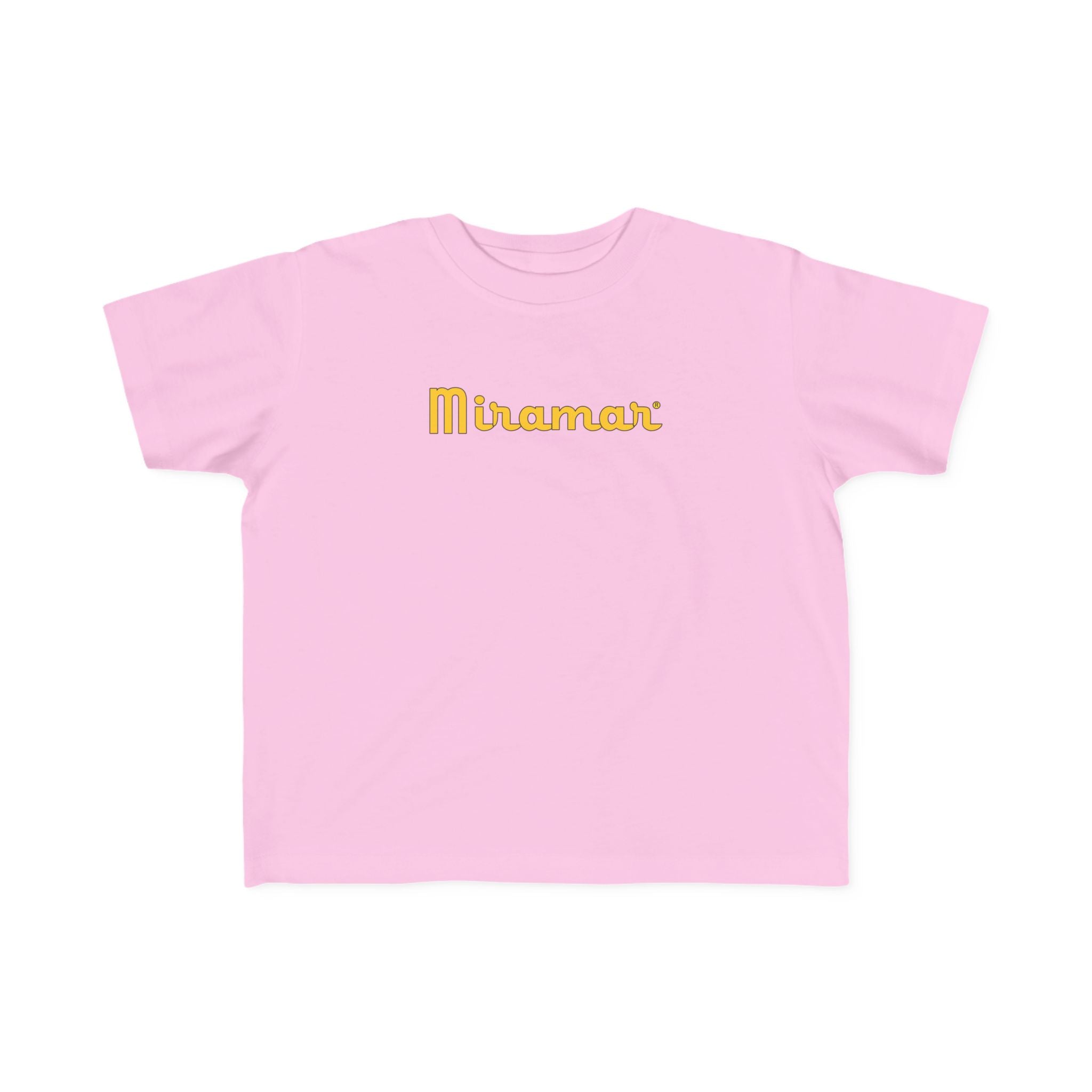 Pink t-shirt with 'Miramar' logo on a white background