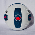 White and blue volleyball with a red and blue logo on a white background