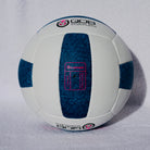 White sports ball with blue accents and visible branding on a light gray background