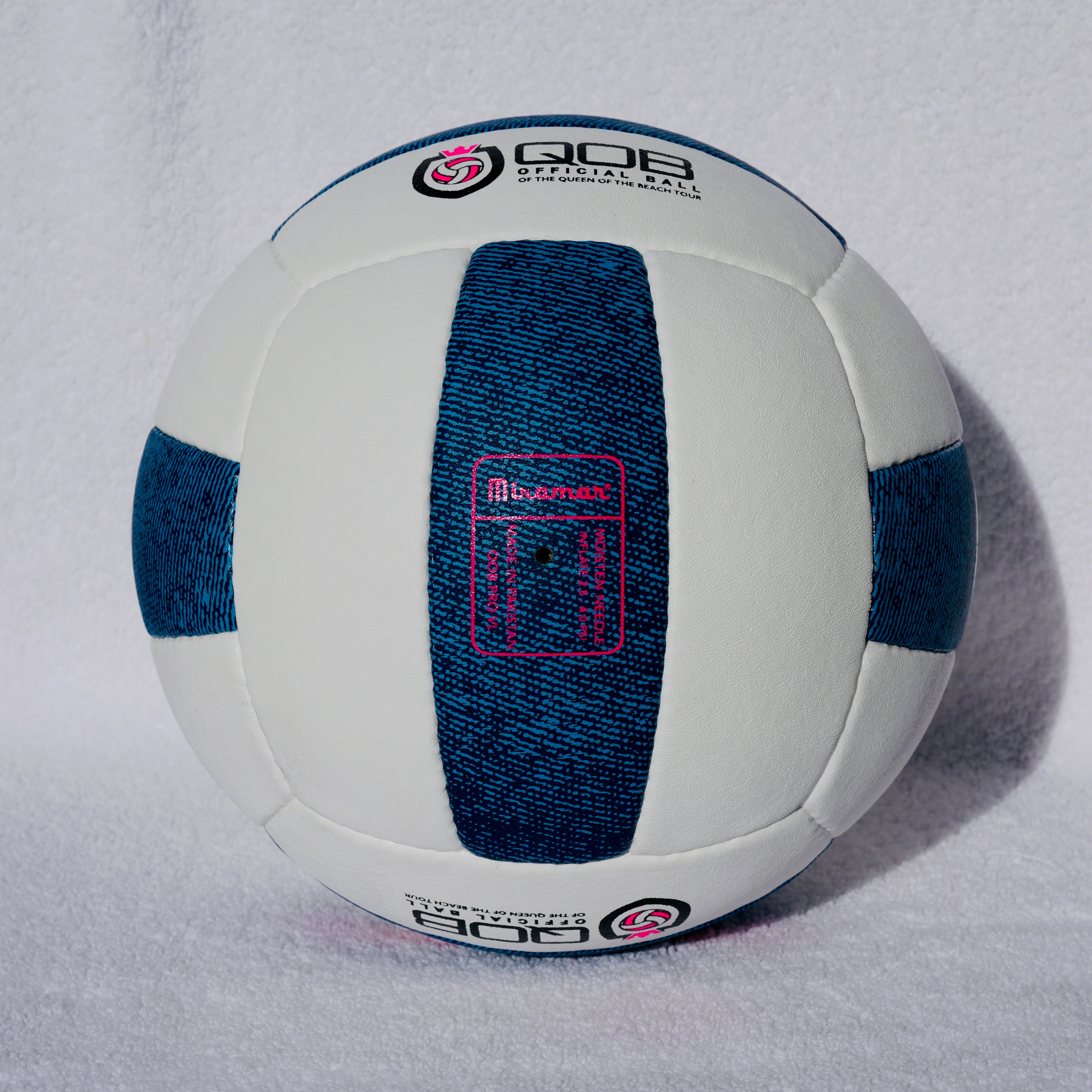 White sports ball with blue accents and visible branding on a light gray background