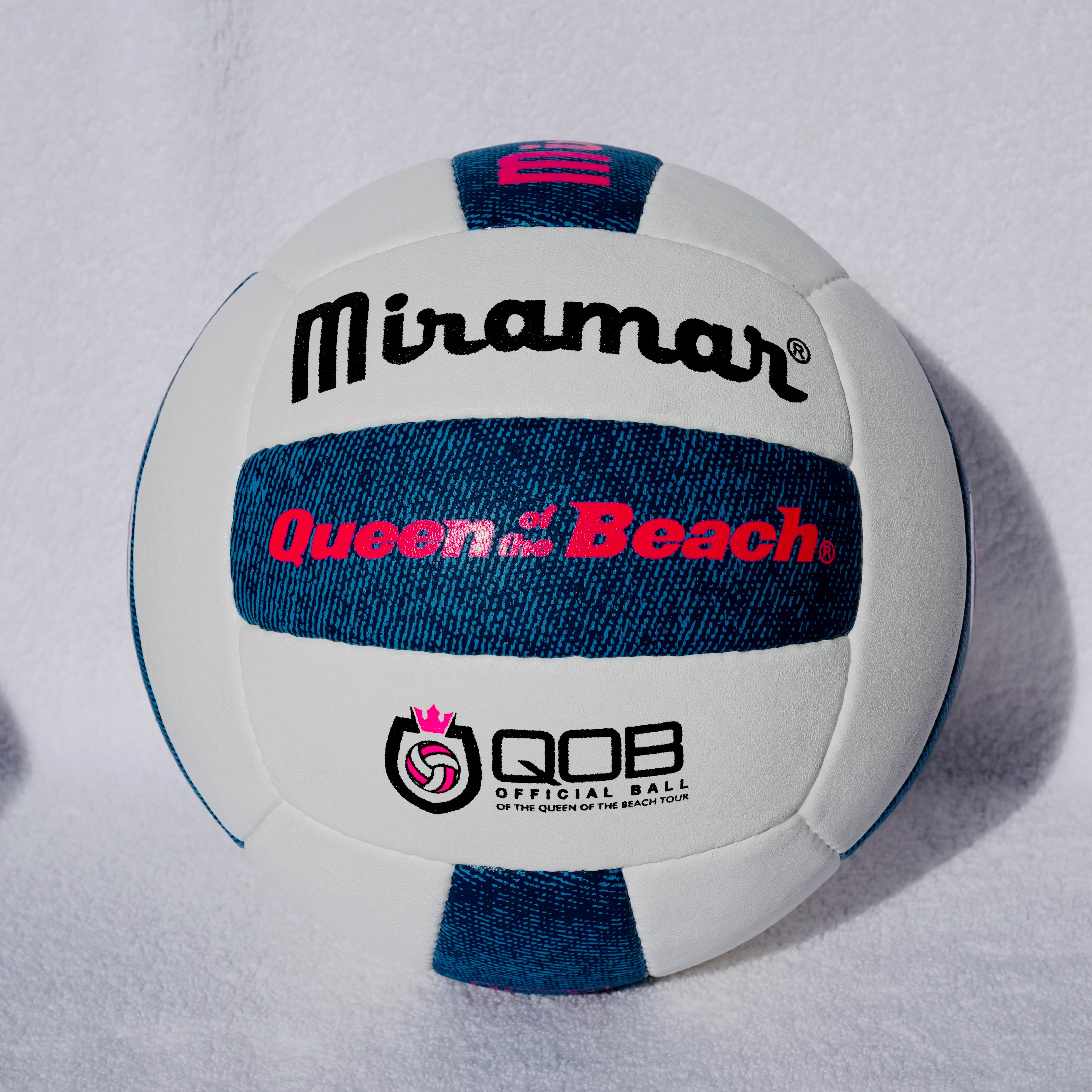 Volleyball with 'Miramar' and 'Queen of the Beach' branding on a white background