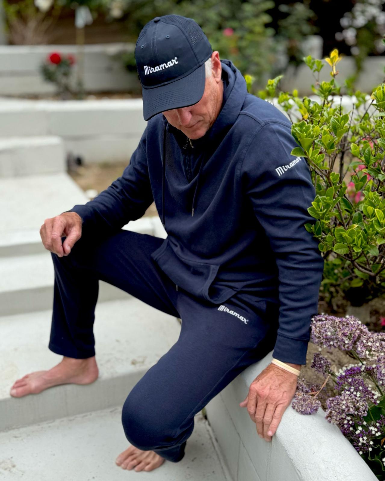 Olympian & Legend Sinjin Smith in Miramar luxurious Terry cloth sweat outfit with matching Miramar nylon hat