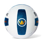 White and blue sports ball with a logo on a white background