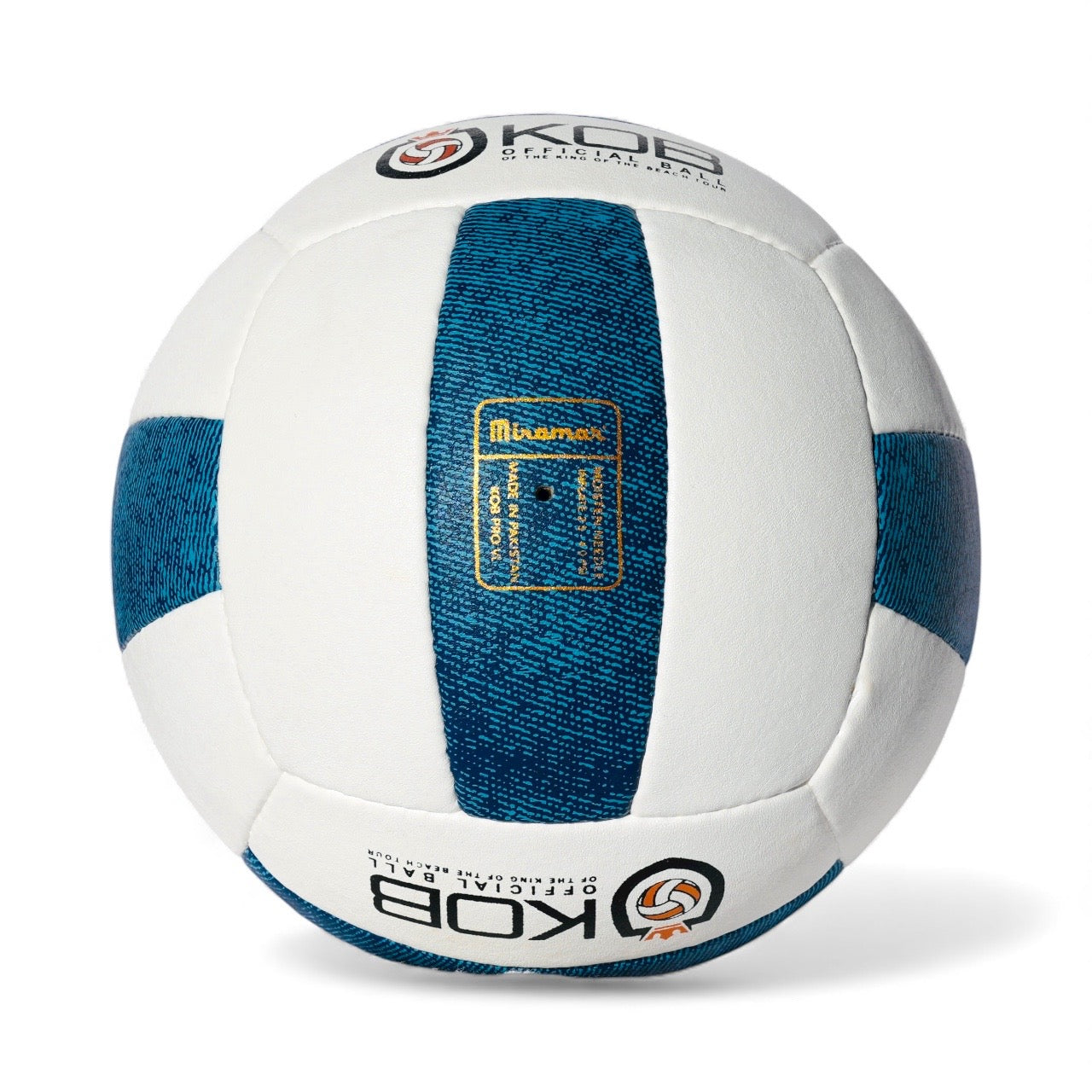 White and blue volleyball with KOB branding on a white background