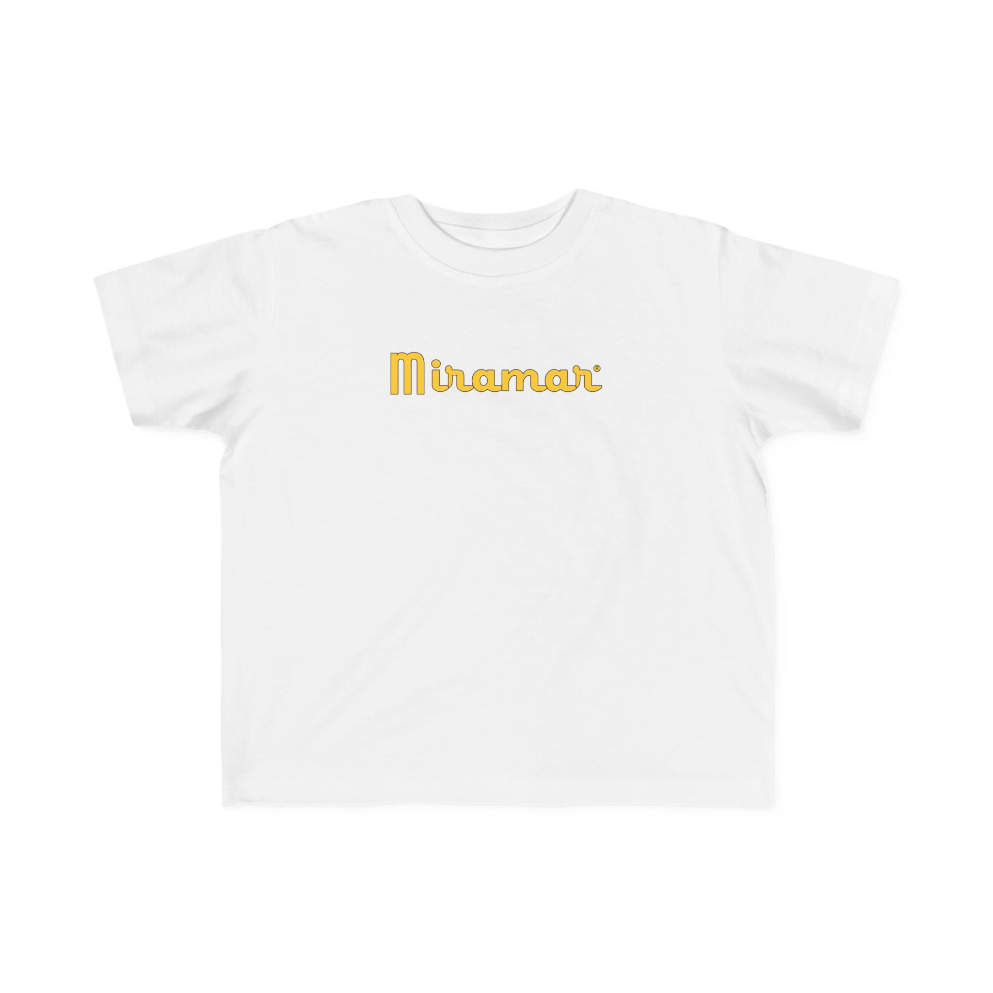 White t-shirt with 'Miramar' logo on a white background
