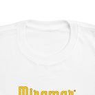 White t-shirt with yellow 'Miramar' logo on a white background