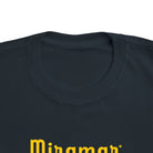Black t-shirt with yellow 'Minuman' text on a white background