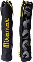 Front and back view of Black Miramar® barrell volleyball bag with yellow gold logo and drawstring closure with yellow gold handle