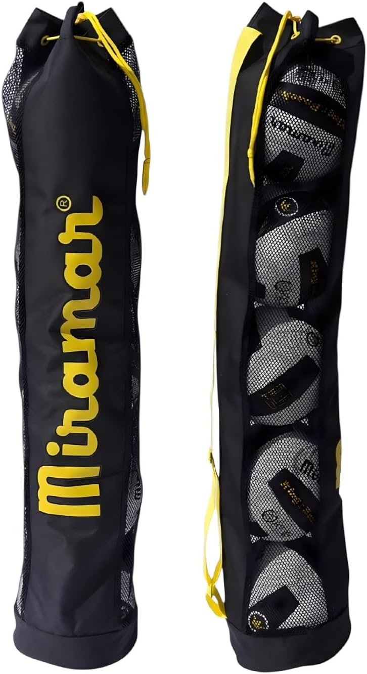Front and back view of Black Miramar® barrell volleyball bag with yellow gold logo and drawstring closure with yellow gold handle